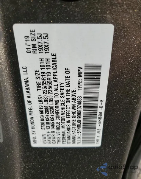 2019 Honda Odyssey Elite from USA, damaged, VIN 5FNRL6H90KB074883
